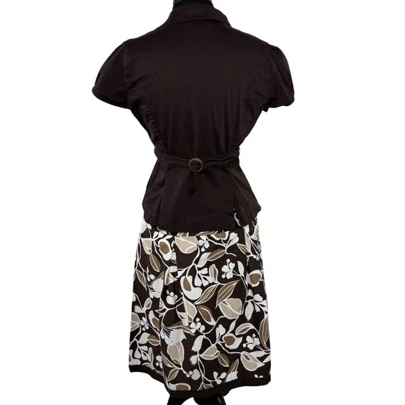 Vintage 2000s Brown Floral A-Line Top Skirt Set Retro Office Cottagecore 12P - Picture 7 of 16